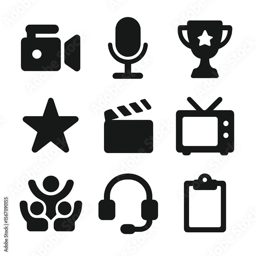 Reality TV Icons. Solid, filled icon set of reality TV characters: camera, microphone, trophy, star, clapperboard, TV screen,