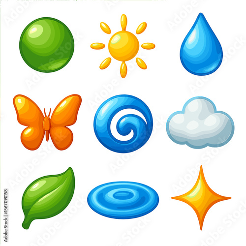 Frutiger Aero Icons. Solid, filled icons set of Frutiger Aero aesthetics: glossy orb, sunbeam, water droplet,