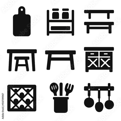 Reclaimed Wood Kitchen Icons. Solid, filled icon set of reclaimed wood kitchen features: cutting board, spice rack, wall shelf,