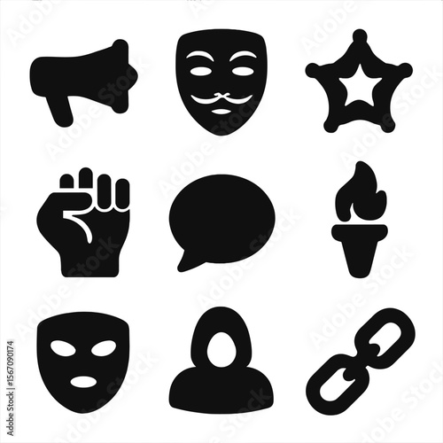 Rebel Icons Grid. Solid, filled icon set of rebel leaders and figures: megaphone, mask, star badge, raised fist, speech bubble,