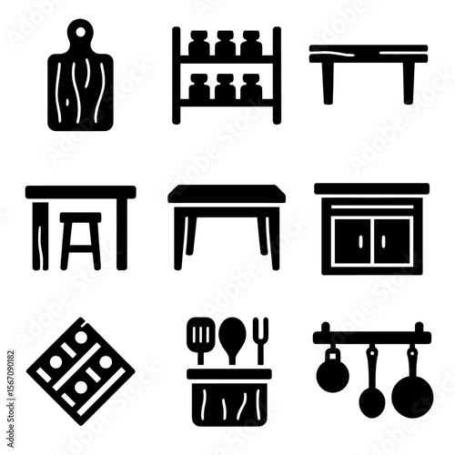 Reclaimed Wood Kitchen Icons. Solid, filled icon set of reclaimed wood kitchen features: cutting board, spice rack, wall shelf,
