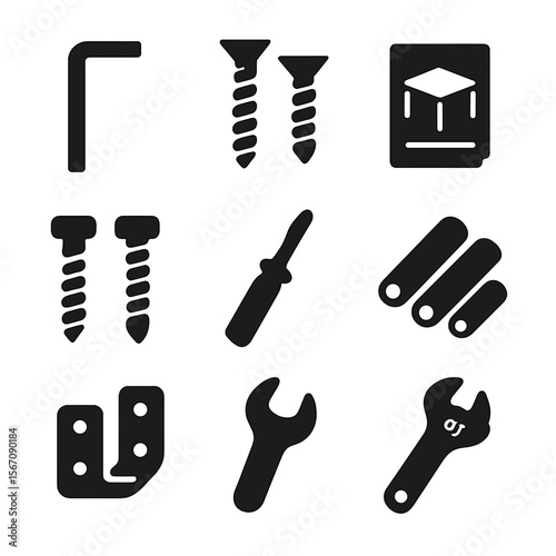 Furniture Assembly Icons. Solid, filled icons set of furniture assembly: hex key, screws, assembly