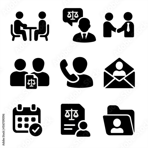 Legal Interaction Icons. Solid, filled icon set of client-lawyer interaction: consultation, legal advice, handshake, case briefing