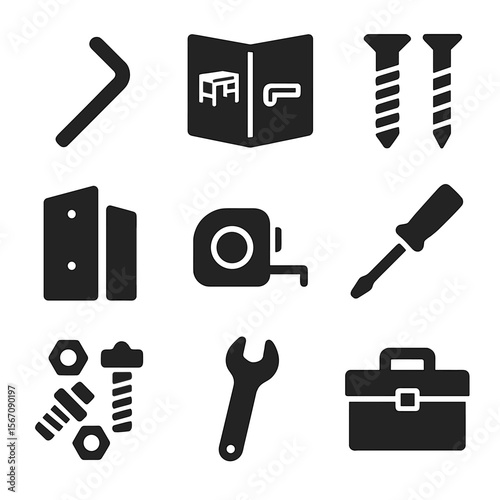 Furniture Assembly Icons. Solid, filled icons set of furniture assembly: Allen key, instruction manual, screws