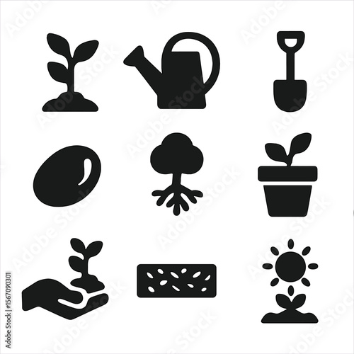 Reforestation Icon Set. Solid, filled icon set of reforestation and tree planting: sapling icon, watering can, digging spade, tree