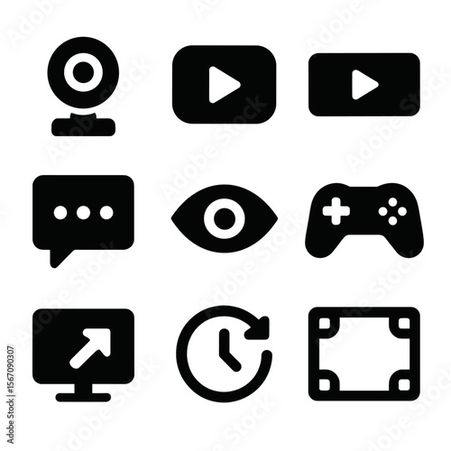 Live Streaming Icons. Solid, filled icon set of live streaming setup: webcam, live badge, streaming bar, chat box, viewer count,