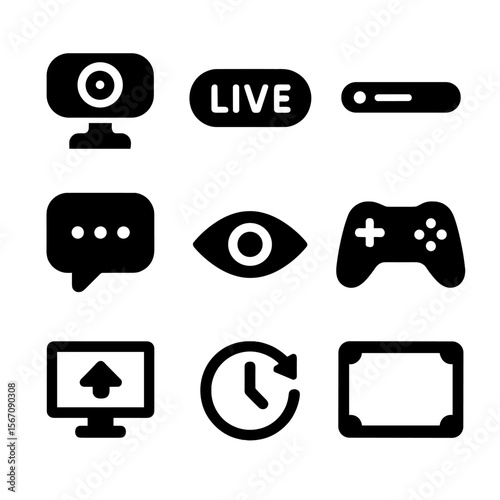 Live Streaming Icons. Solid, filled icon set of live streaming setup: webcam, live badge, streaming bar, chat box, viewer count,