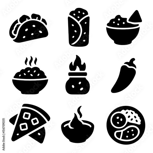 Fusion Food Icons. Solid, filled icons set of Indian-Mexican fusion: tikka taco, naan burrito, masala salsa,