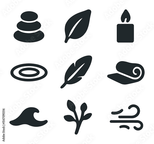 Zen Minimalism Icons Grid. Solid, filled icons set of zen minimalism: smooth stone, leaf, candle, water ripple