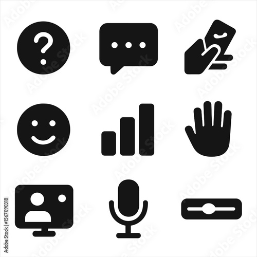 Live Interaction Icons. Solid, filled icon set of live interaction: question mark, live chat, voting icon, emoji reaction, poll