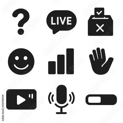 Live Interaction Icons. Solid, filled icon set of live interaction: question mark, live chat, voting icon, emoji reaction, poll