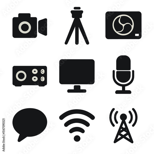 Live Streaming Icons. Solid, filled icon set of live streaming tools: camera, tripod, streaming software, audio interface, monitor