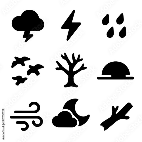 Nature's Despair Icons. Solid, filled icon set of sky and nature elements in despair: storm cloud, lightning bolt, falling rain,