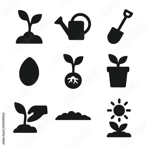 Reforestation Icon Set. Solid, filled icon set of reforestation and tree planting: sapling icon, watering can, digging spade, tree