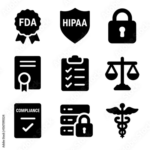 Regulatory and Safety Icons. Solid, filled icon set of regulatory and compliance: FDA badge, HIPAA shield, data privacy lock,