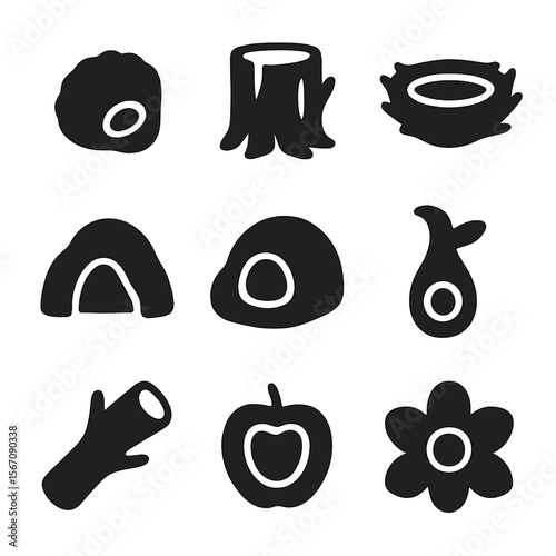 Nature's Hollow Icons. Solid, filled icon set of hollow containers in nature: empty shell, hollow tree trunk, bird nest, unfilled
