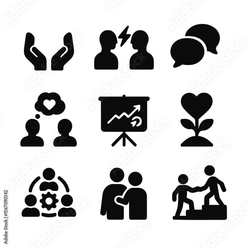 Relationship Growth Icons. Solid, filled icon set of relationship growth: trust hands, conflict resolution, communication bubble,