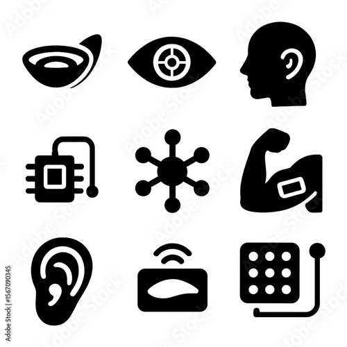 Futuristic Body Upgrades. Solid, filled icons set of futuristic body upgrades: smart contact lens, ocular HUD