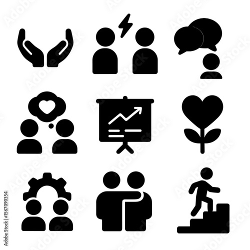 Relationship Growth Icons. Solid, filled icon set of relationship growth: trust hands, conflict resolution, communication bubble,