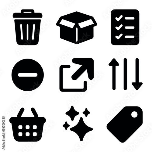 Decluttering Icons Set. Solid, filled icons set of decluttering: trash bin, empty box, checklist, remove icon,
