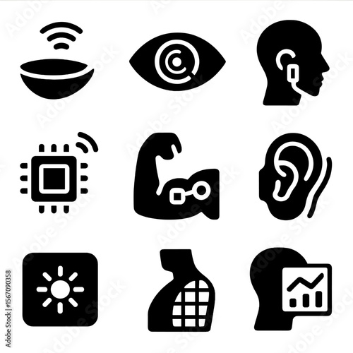 Futuristic Body Upgrades. Solid, filled icons set of futuristic body upgrades: smart contact lens, ocular HUD