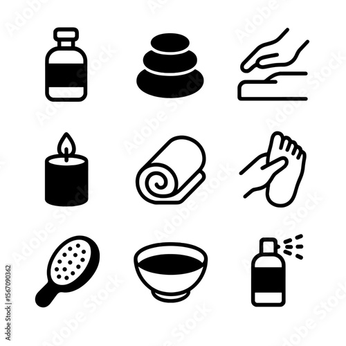 Relaxation Tool Icons. Solid, filled icon set of relaxation massage tools: massage oil bottle, hot stone set, hand applying