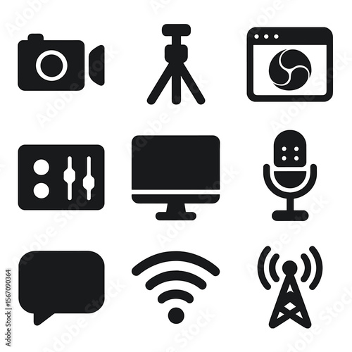 Live Streaming Icons. Solid, filled icon set of live streaming tools: camera, tripod, streaming software, audio interface, monitor