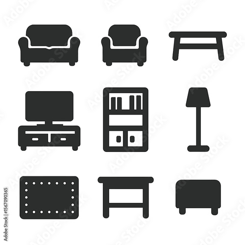 Living Room Icons Grid. Solid, filled icon set of living room furniture: sofa, armchair, coffee table, TV stand, bookshelf, floor