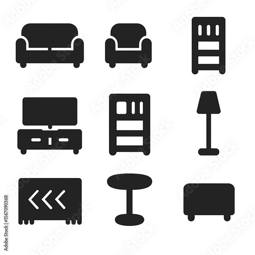 Living Room Icons Grid. Solid, filled icon set of living room furniture: sofa, armchair, coffee table, TV stand, bookshelf, floor