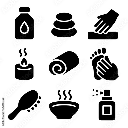 Relaxation Tool Icons. Solid, filled icon set of relaxation massage tools: massage oil bottle, hot stone set, hand applying