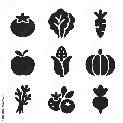 Local Produce Icons. Solid, filled icon set of locally grown food: fresh tomato, leafy lettuce, carrot, apple, corn cob, pumpkin,