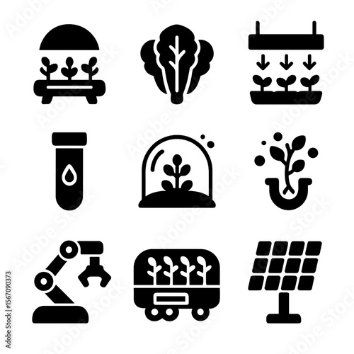 Futuristic Space Farm Icons. Solid, filled icons set of a futuristic space farm where crops are grown in outer