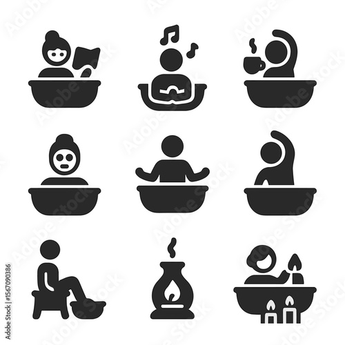 Relaxing Bath Icons. Solid, filled icon set of bath time activities: reading book, playing music, drinking tea, applying face mask