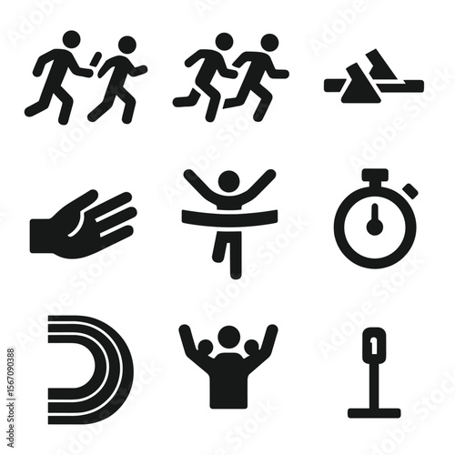 Relay Race Icons. Solid, filled icon set of relay race teamwork: baton pass, running team, starting block, handoff motion, finish