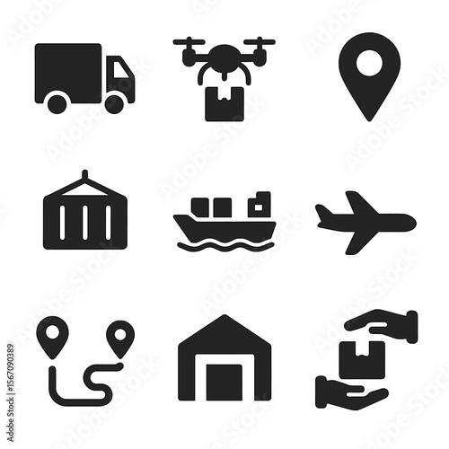 Logistics Icon Grid. Solid, filled icon set of logistics and delivery: delivery truck, drone delivery, map pin, shipping container