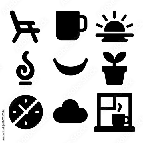 Relaxing Icons Grid. Solid, filled icon set of relaxing environments: garden chair, patio mug, morning sunrise, steam swirl,