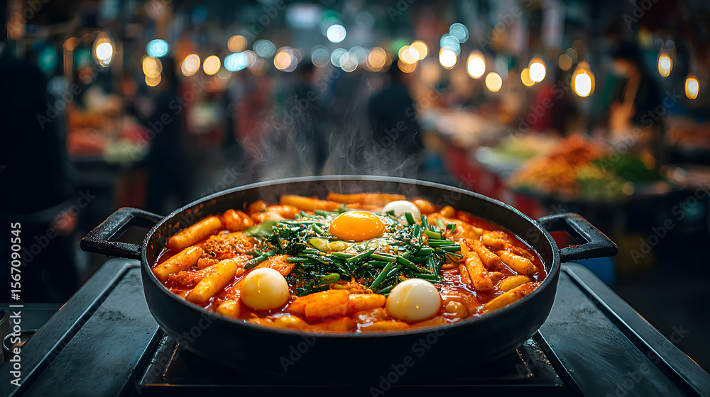 Fototapeta premium Side shot of tteokbokki with fish cakes and boiled eggs, glossy red sauce dripping, blurred vibrant street market