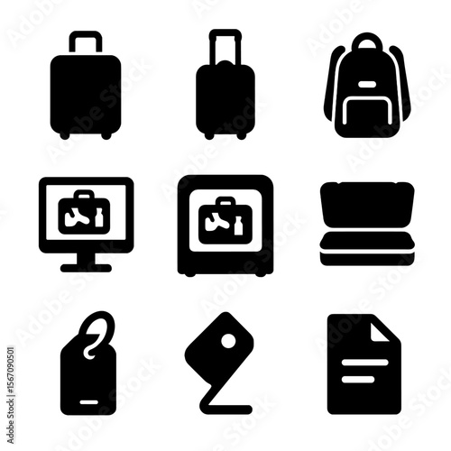Luggage Scanning Icons. Solid, filled icon set of luggage and item scanning: suitcase icon, carry-on, backpack, X-ray display,