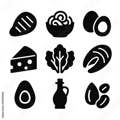 Low-Carb Food Icons. Solid, filled icon set of low-carb foods: grilled chicken, zucchini noodles, eggs, cheese wedge, leafy greens