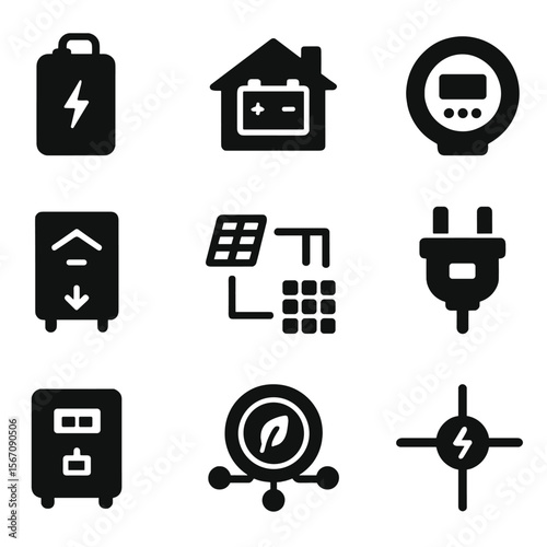 Renewable Energy Icons. Solid, filled icon set of renewable energy storage: power bank, home battery, smart meter, inverter icon,