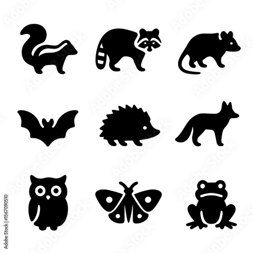 Nocturnal Animals Icons. Solid, filled icon set of nocturnal animal neighbors: skunk, raccoon, opossum, bat, hedgehog, fox, owl,