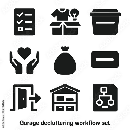 Garage Decluttering Icons. Solid, filled icons set of garage decluttering workflow: checklist icon, sort box,