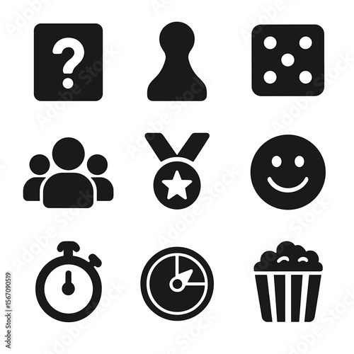 Game Night Icons. Solid, filled icons set of game night conversation cues: question card, board game piece,