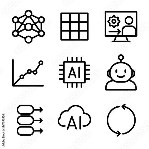 Machine Learning Icons. Solid, filled icon set of machine learning in business: neural network, data set, training model,