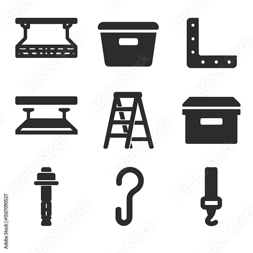 Garage Storage Icons. Solid, filled icons set of using overhead storage racks in the garage: ceiling rack,