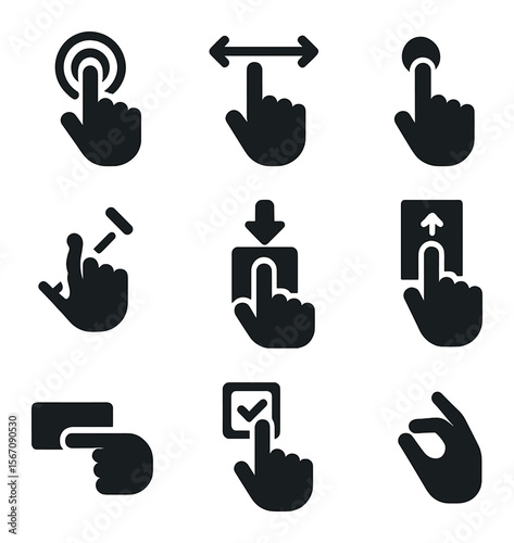 Minimal User Action Icons. Solid, filled icons set of minimal user actions: click, swipe, tap, zoom, drag,
