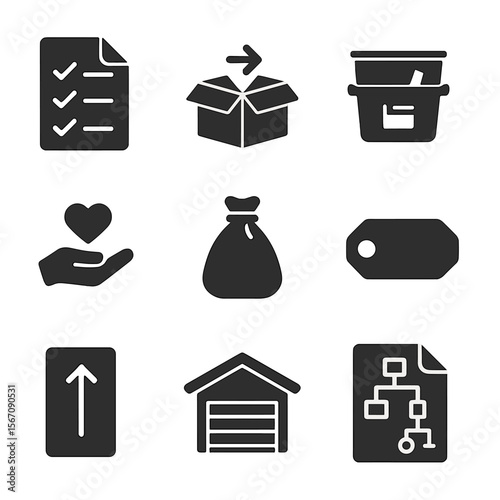 Garage Decluttering Icons. Solid, filled icons set of garage decluttering workflow: checklist icon, sort box,