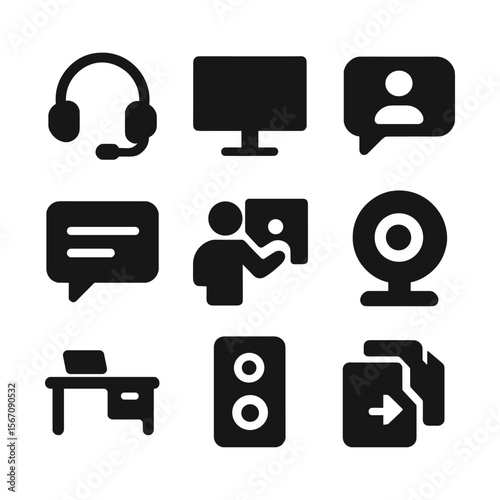 Remote Work Icons. Solid, filled icon set of remote work essentials: headset, computer screen, video call, chat box, virtual