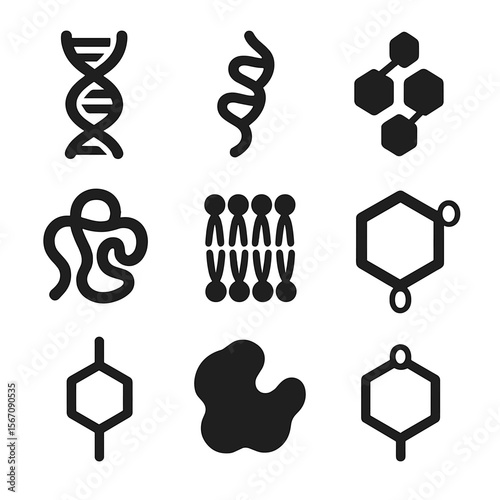 Macromolecules Icon Grid. Solid, filled icon set of biological macromolecules: DNA strand, RNA strand, polypeptide chain, protein