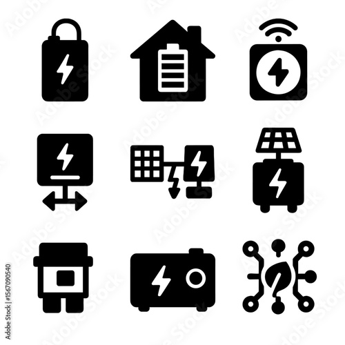 Renewable Energy Icons. Solid, filled icon set of renewable energy storage: power bank, home battery, smart meter, inverter icon,